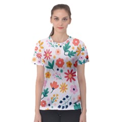 Flat Colorful Flowers Leaves Background Women s Sport Mesh Tee