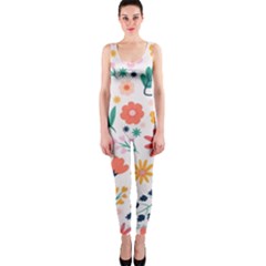 Flat Colorful Flowers Leaves Background One Piece Catsuit