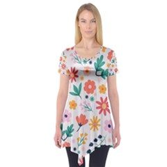 Flat Colorful Flowers Leaves Background Short Sleeve Tunic 