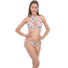 Flat Colorful Flowers Leaves Background Cross Front Halter Bikini Set by Vaneshart