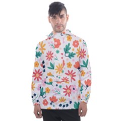 Flat Colorful Flowers Leaves Background Men s Front Pocket Pullover Windbreaker by Vaneshart