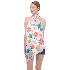 Flat Colorful Flowers Leaves Background Halter Asymmetric Satin Top by Vaneshart
