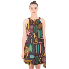 Vector Seamless Pattern With Leopards Halter Collar Waist Tie Chiffon Dress