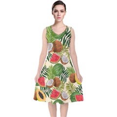 Tropical Pattern Background V-neck Midi Sleeveless Dress 