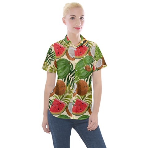 Tropical Pattern Background Women s Short Sleeve Pocket Shirt by Vaneshart