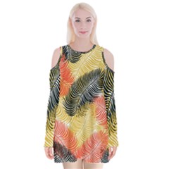 Tropical Seamless Pattern With Exotic Palm Leaves Velvet Long Sleeve Shoulder Cutout Dress
