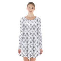 Pattern Black And White Flower Long Sleeve Velvet V-neck Dress by Alisyart