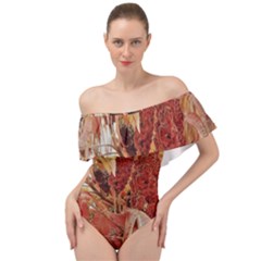 Autumn Colors Leaf Leaves Brown Red Off Shoulder Velour Bodysuit  by yoursparklingshop