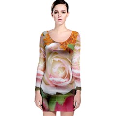 Floral Bouquet Orange Pink Rose Long Sleeve Bodycon Dress by yoursparklingshop