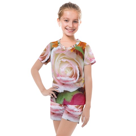 Floral Bouquet Orange Pink Rose Kids  Mesh Tee And Shorts Set by yoursparklingshop