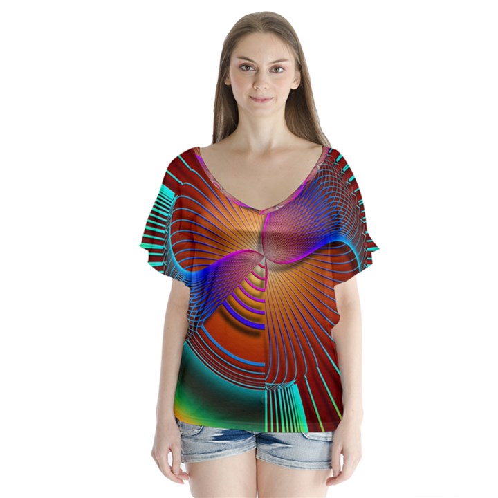 Lines Rays Background Light Rainbow V-Neck Flutter Sleeve Top