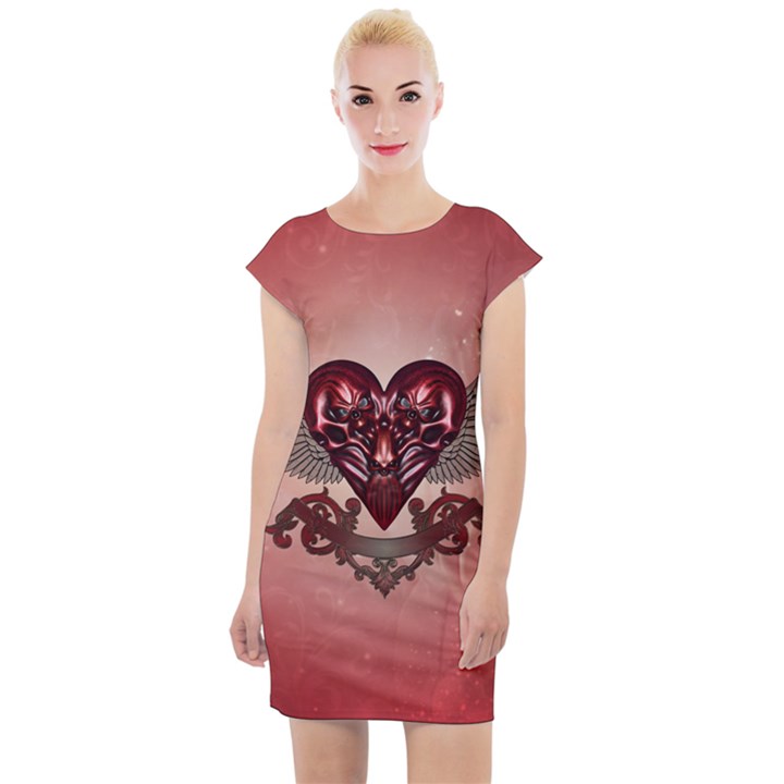 Awesome Heart With Skulls And Wings Cap Sleeve Bodycon Dress