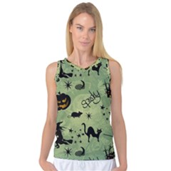 Funny Halloween Pattern With Witch, Cat And Pumpkin Women s Basketball Tank Top by FantasyWorld7