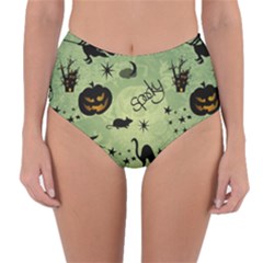 Funny Halloween Pattern With Witch, Cat And Pumpkin Reversible High-waist Bikini Bottoms by FantasyWorld7