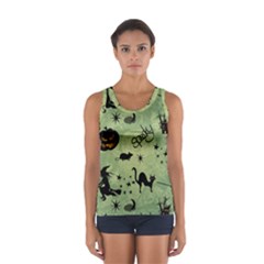 Funny Halloween Pattern With Witch, Cat And Pumpkin Sport Tank Top  by FantasyWorld7