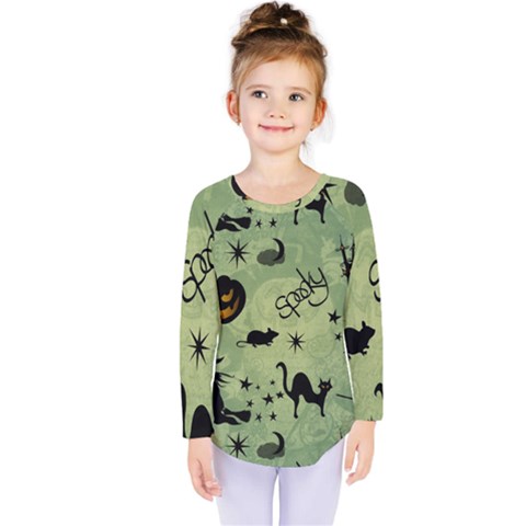 Funny Halloween Pattern With Witch, Cat And Pumpkin Kids  Long Sleeve Tee by FantasyWorld7