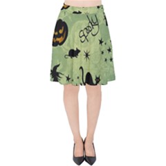 Funny Halloween Pattern With Witch, Cat And Pumpkin Velvet High Waist Skirt by FantasyWorld7