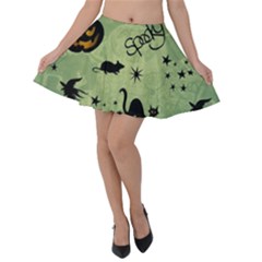 Funny Halloween Pattern With Witch, Cat And Pumpkin Velvet Skater Skirt by FantasyWorld7