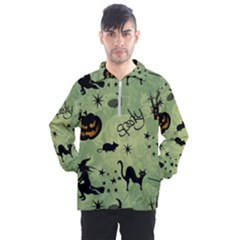 Funny Halloween Pattern With Witch, Cat And Pumpkin Men s Half Zip Pullover by FantasyWorld7