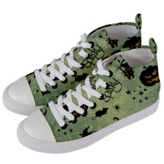 Funny Halloween Pattern With Witch, Cat And Pumpkin Women s Mid-top Canvas Sneakers by FantasyWorld7