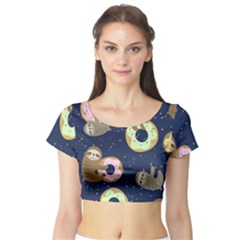 Cute Sloth With Sweet Doughnuts Short Sleeve Crop Top by Sobalvarro