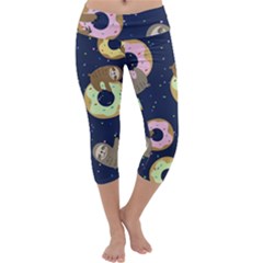 Cute Sloth With Sweet Doughnuts Capri Yoga Leggings by Sobalvarro