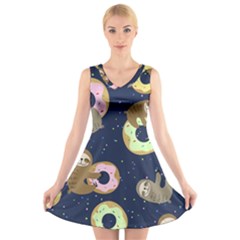 Cute Sloth With Sweet Doughnuts V-neck Sleeveless Dress by Sobalvarro