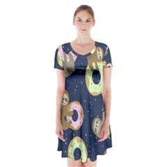 Cute Sloth With Sweet Doughnuts Short Sleeve V-neck Flare Dress by Sobalvarro