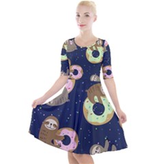 Cute Sloth With Sweet Doughnuts Quarter Sleeve A-line Dress by Sobalvarro