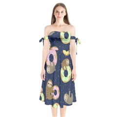 Cute Sloth With Sweet Doughnuts Shoulder Tie Bardot Midi Dress by Sobalvarro