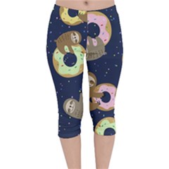 Cute Sloth With Sweet Doughnuts Velvet Capri Leggings  by Sobalvarro