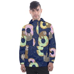 Cute Sloth With Sweet Doughnuts Men s Front Pocket Pullover Windbreaker by Sobalvarro