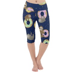 Cute Sloth With Sweet Doughnuts Lightweight Velour Cropped Yoga Leggings by Sobalvarro