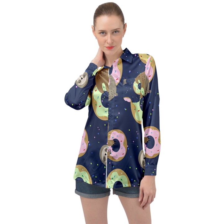 Cute Sloth With Sweet Doughnuts Long Sleeve Satin Shirt