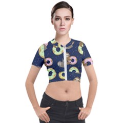 Cute Sloth With Sweet Doughnuts Short Sleeve Cropped Jacket by Sobalvarro