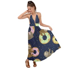 Cute Sloth With Sweet Doughnuts Backless Maxi Beach Dress by Sobalvarro
