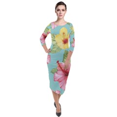 Hibiscus Quarter Sleeve Midi Velour Bodycon Dress