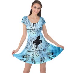 Piano With Feathers, Clef And Key Notes Cap Sleeve Dress by FantasyWorld7