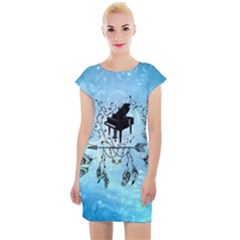 Piano With Feathers, Clef And Key Notes Cap Sleeve Bodycon Dress by FantasyWorld7