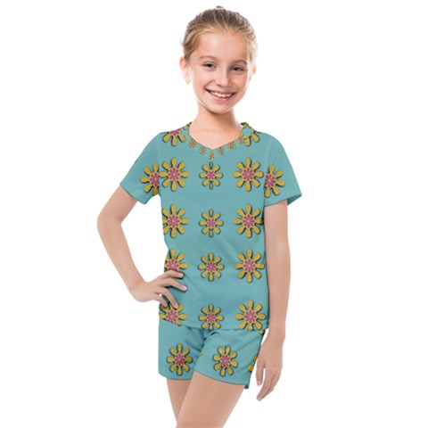 Fantasy Fauna Floral In Sweet Green Kids  Mesh Tee And Shorts Set by pepitasart