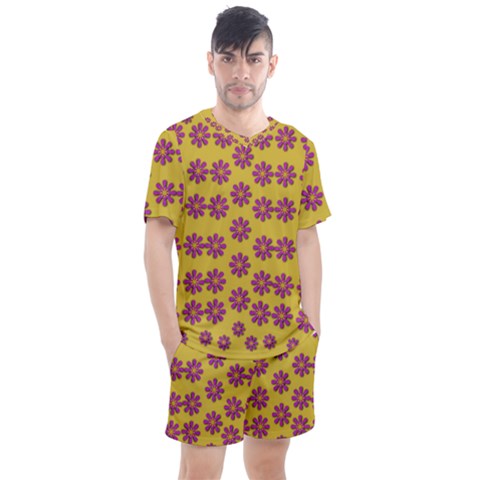 Fantasy Fauna Floral In Sweet Yellow Men s Mesh Tee And Shorts Set by pepitasart