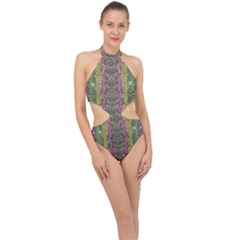 Leaves Contemplative In Pearls Free From Disturbance Halter Side Cut Swimsuit by pepitasart