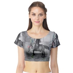 Wonderful Black And White Horse Short Sleeve Crop Top by FantasyWorld7