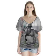 Wonderful Black And White Horse V-neck Flutter Sleeve Top by FantasyWorld7