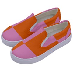 Mod Pink And Orange Squares Kids  Canvas Slip Ons by snowwhitegirl