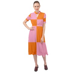 Mod Pink And Orange Squares Keyhole Neckline Chiffon Dress