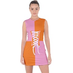 Mod Pink And Orange Squares Lace Up Front Bodycon Dress by snowwhitegirl