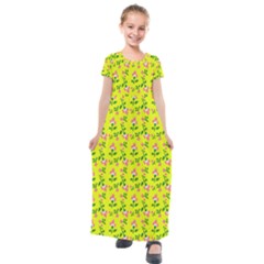 Carnation Pattern Yellow Kids  Short Sleeve Maxi Dress by snowwhitegirl