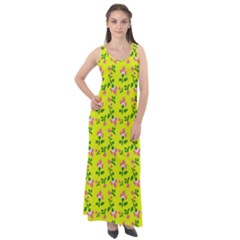 Carnation Pattern Yellow Sleeveless Velour Maxi Dress