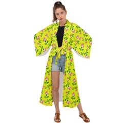 Carnation Pattern Yellow Maxi Kimono by snowwhitegirl